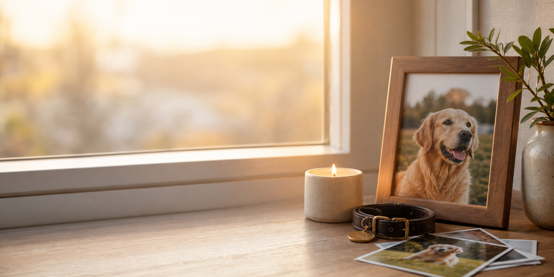 A warm pet memorial scene with a candle and framed dog photo